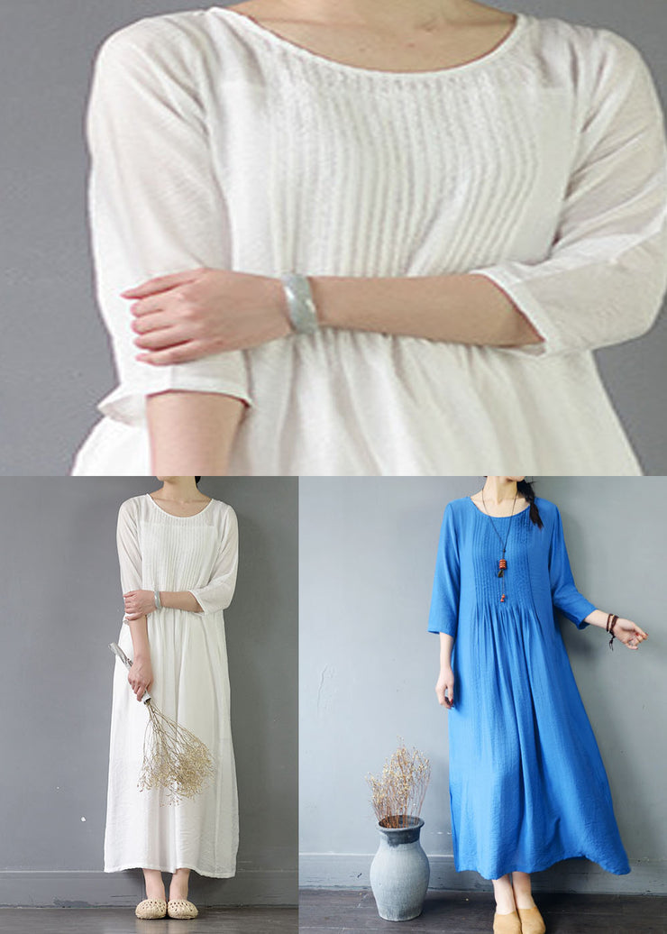 Blue Pockets Patchwork Cotton Dress Wrinkled O Neck Spring