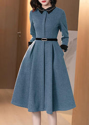 Blue Pockets Patchwork Cotton Dresses Peter Pan Collar Long Sleeve