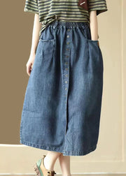 Blue Pockets Patchwork Denim Skirts Wrinkled Elastic Waist Summer
