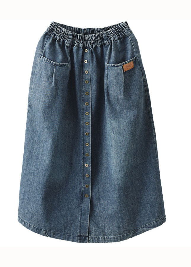 Blue Pockets Patchwork Denim Skirts Wrinkled Elastic Waist Summer