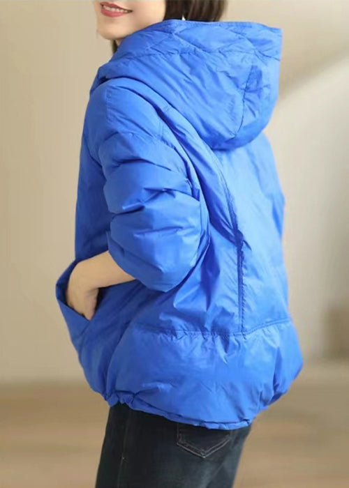 Blue Pockets Patchwork Duck Down Coat Hooded Long Sleeve