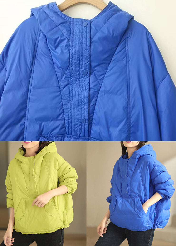 Blue Pockets Patchwork Duck Down Coat Hooded Long Sleeve