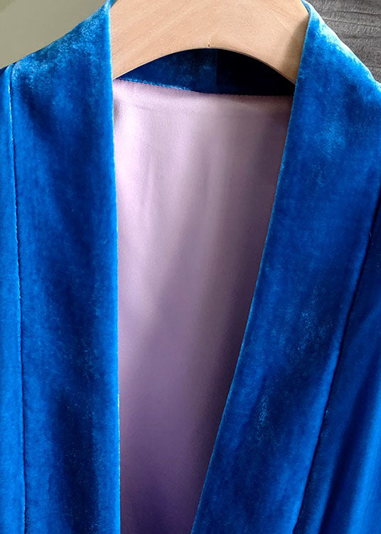 Blue Pockets Patchwork Silk Velour Coats V Neck Long Sleeve