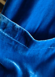Blue Pockets Patchwork Silk Velour Coats V Neck Long Sleeve