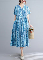 Blue Pockets Patchwork Wrinkled Long Dress Short Sleeve