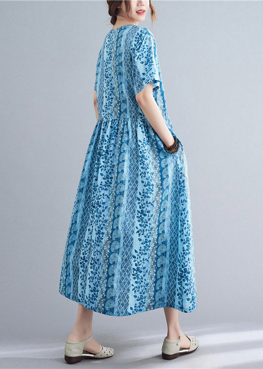 Blue Pockets Patchwork Wrinkled Long Dress Short Sleeve