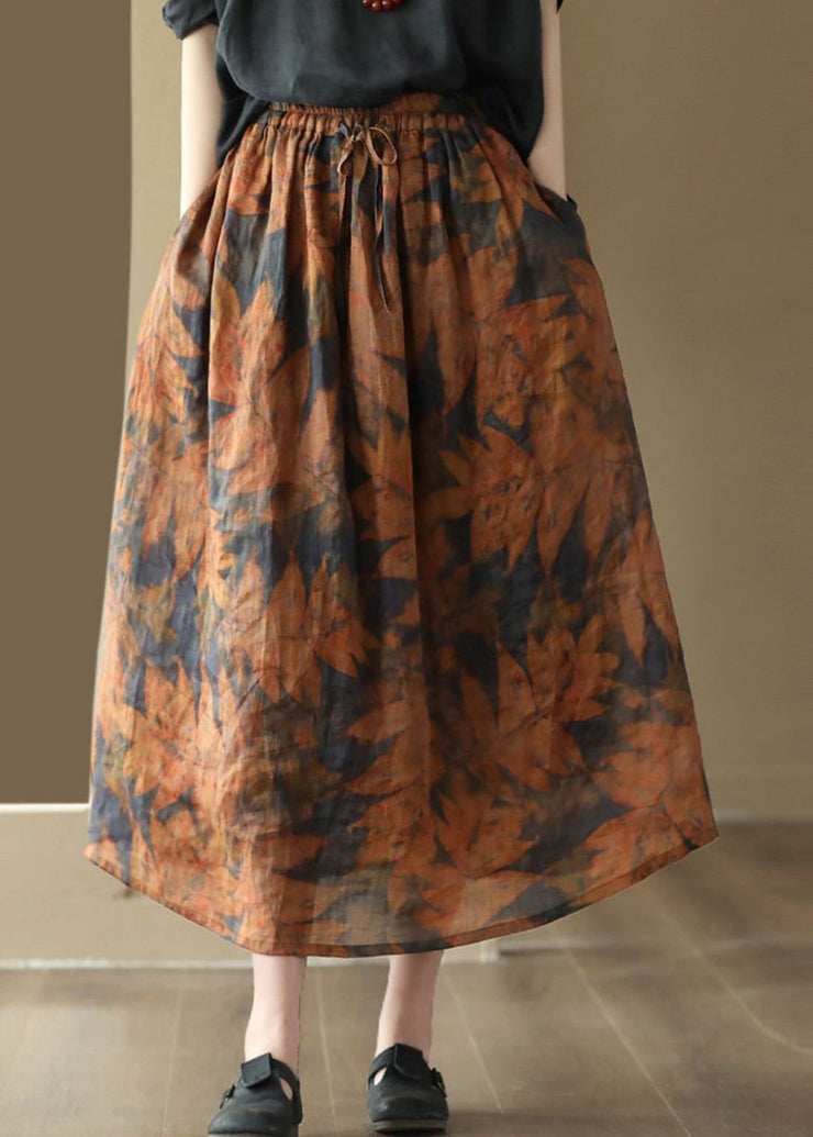 Blue Pockets Print Patchwork Linen Skirts Wrinkled Summer
