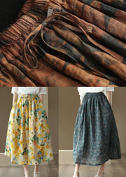 Blue Pockets Print Patchwork Linen Skirts Wrinkled Summer