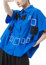 Blue Print Button Shirt Top Peter Pan Collar Short Sleeve
