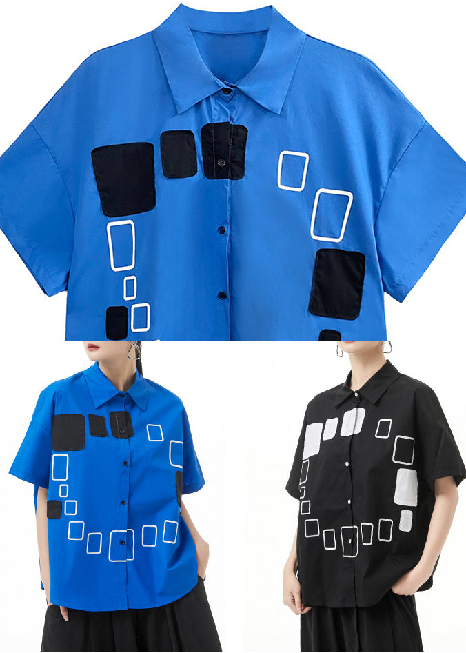 Blue Print Button Shirt Top Peter Pan Collar Short Sleeve