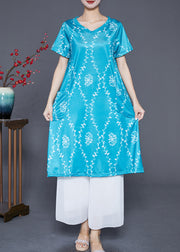 Blue Print Chiffon Holiday Dress V Nec Pockets Summer