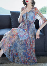Blue Print Chiffon Long Dresses Cinched Exra Large Hem Summer