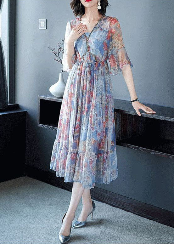 Blue Print Chiffon Vacation Dresses Cinched Exra Large Hem Summer