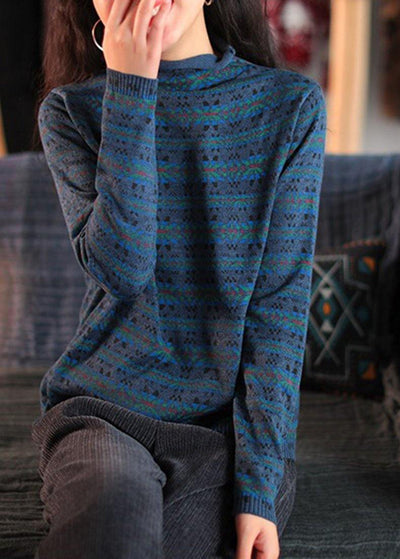 Blue Print Clothes For Women High Neck Patchwork Knitwear - SooLinen