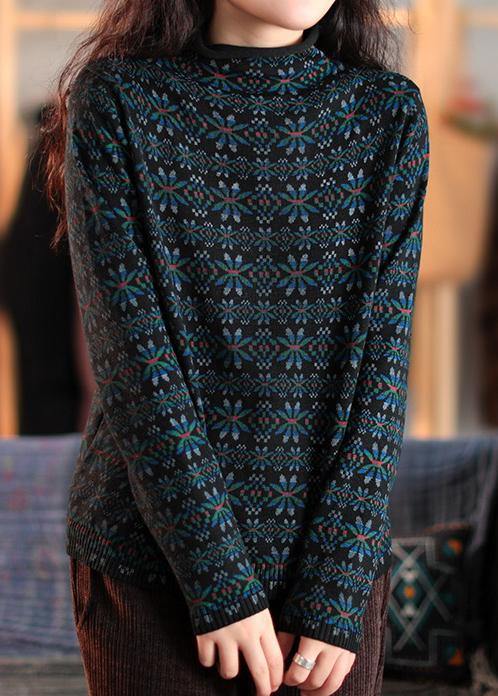 Blue Print Clothes For Women High Neck Patchwork Knitwear - SooLinen