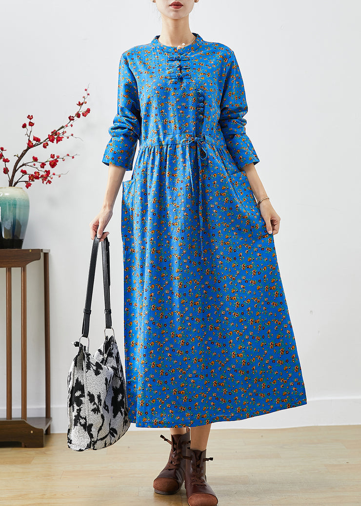 Blue Print Cotton Dress Cinched Chinese Button Fall