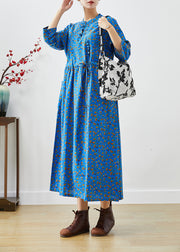 Blue Print Cotton Dress Cinched Chinese Button Fall