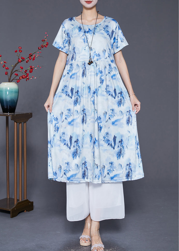 Blue Print Cotton Holiday Dresses Exra Large Hem Summer