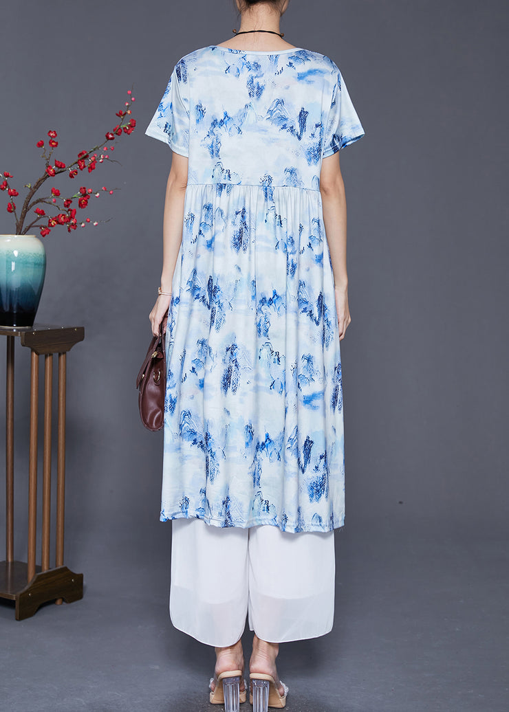 Blue Print Cotton Holiday Dresses Exra Large Hem Summer