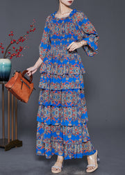 Blue Print Cotton Maxi Dress Layered Exra Large Hem Spring