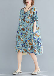 Blue Print Cotton Maxi Dresses Oversized Pockets Summer