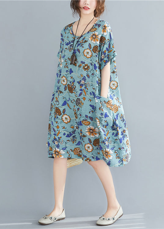 Blue Print Cotton Maxi Dresses Oversized Pockets Summer