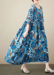 Blue Print Cotton Vacation Dress Oversized Exra Large Hem Summer
