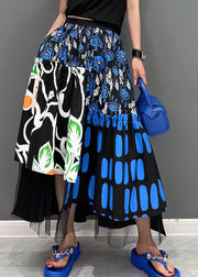 Blau bedruckte Baumwoll-Urlaubsröcke mit hoher Taille, asymmetrischem Design, Sommer
