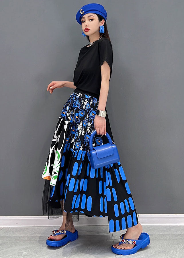 Blue Print Cotton Vacation Skirts High Waist Asymmetrical Design Summer