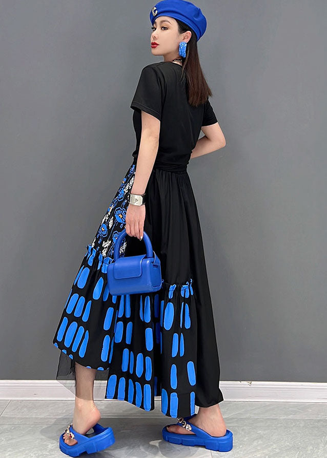 Blue Print Cotton Vacation Skirts High Waist Asymmetrical Design Summer