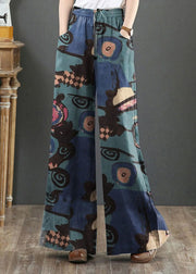 Blau bedruckte Baumwollhose mit weitem Bein Hohe Taille Taschen Sommer