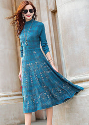 Blue Print Knit Cinch Dress Stand Collar Plaid Exra Large Hem Winter