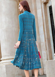 Blue Print Knit Cinch Dress Stand Collar Plaid Exra Large Hem Winter
