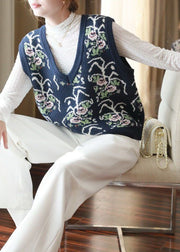 Blue Print Knit Vests V Neck Oversized Sleeveless