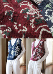 Blue Print Knit Vests V Neck Oversized Sleeveless