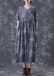 Blue Print Linen Maxi Dress Exra Large Hem Drawstring Summer