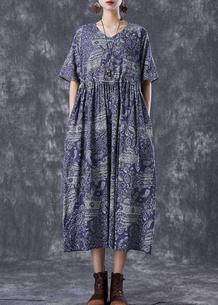 Blue Print Linen Maxi Dress Exra Large Hem Drawstring Summer
