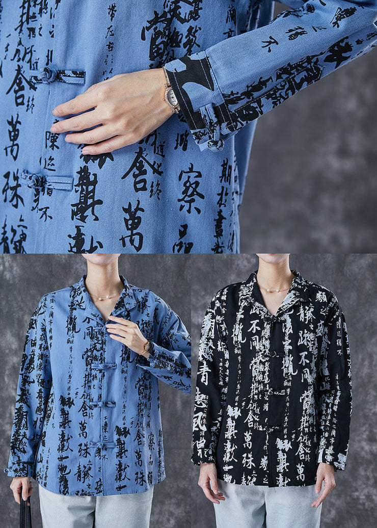 Blue Print Loose Cotton Blouses Chinese Button Spring