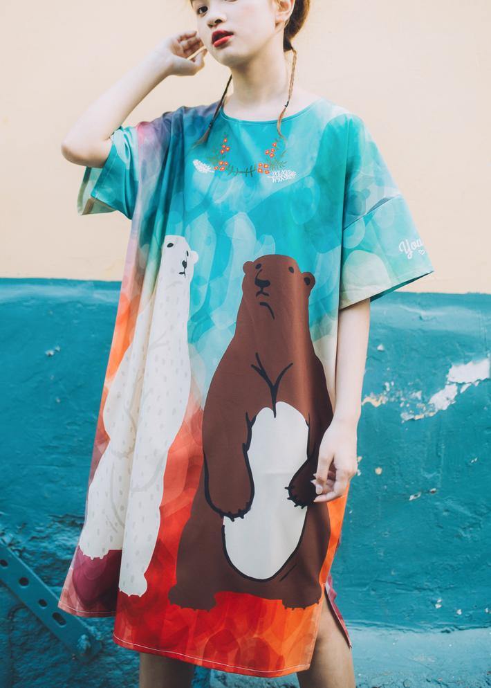 Blue Print O-Neck Animal Cute Summer Dresses Short Sleeve - SooLinen