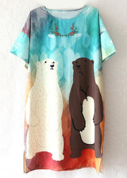 Blue Print O-Neck Animal Cute Summer Dresses Short Sleeve - SooLinen