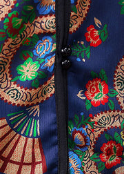 Blau bedrucktes orientalisches Seidenhemd und bauchfreie Hose, zweiteiliges Set mit langen Ärmeln und Stehkragen