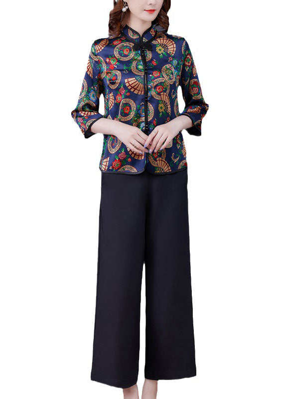 Blau bedrucktes orientalisches Seidenhemd und bauchfreie Hose, zweiteiliges Set mit langen Ärmeln und Stehkragen