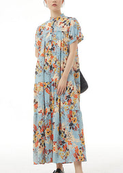 Blue Print Patchwork Chiffon Dress Stand Collar Wrinkled Summer