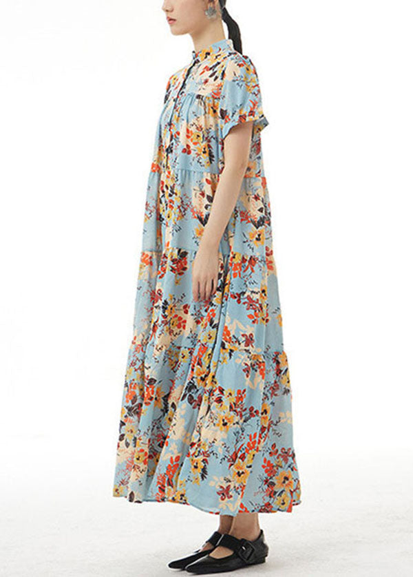 Blue Print Patchwork Chiffon Dress Stand Collar Wrinkled Summer