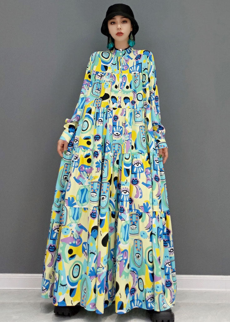 Blau bedruckte Patchwork-Baumwolle A-Linie langes Kleid mit Stehkragen und langen Ärmeln