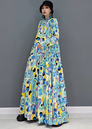 Blau bedruckte Patchwork-Baumwolle A-Linie langes Kleid mit Stehkragen und langen Ärmeln