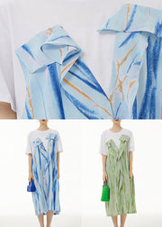 Blue Print Patchwork Cotton Dress Wrinkled False Two Pieces Summer