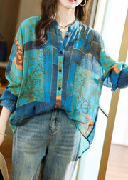 Blue Print Patchwork Cotton Shirt Stand Collar Zircon Long Sleeve