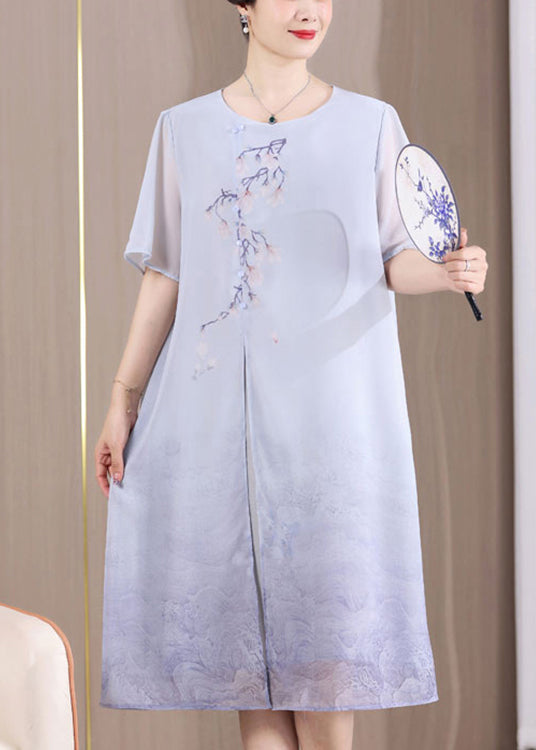 Blue Print Patchwork Dresses Front Open Short Sleeve
