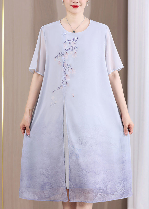 Blue Print Patchwork Dresses Front Open Short Sleeve